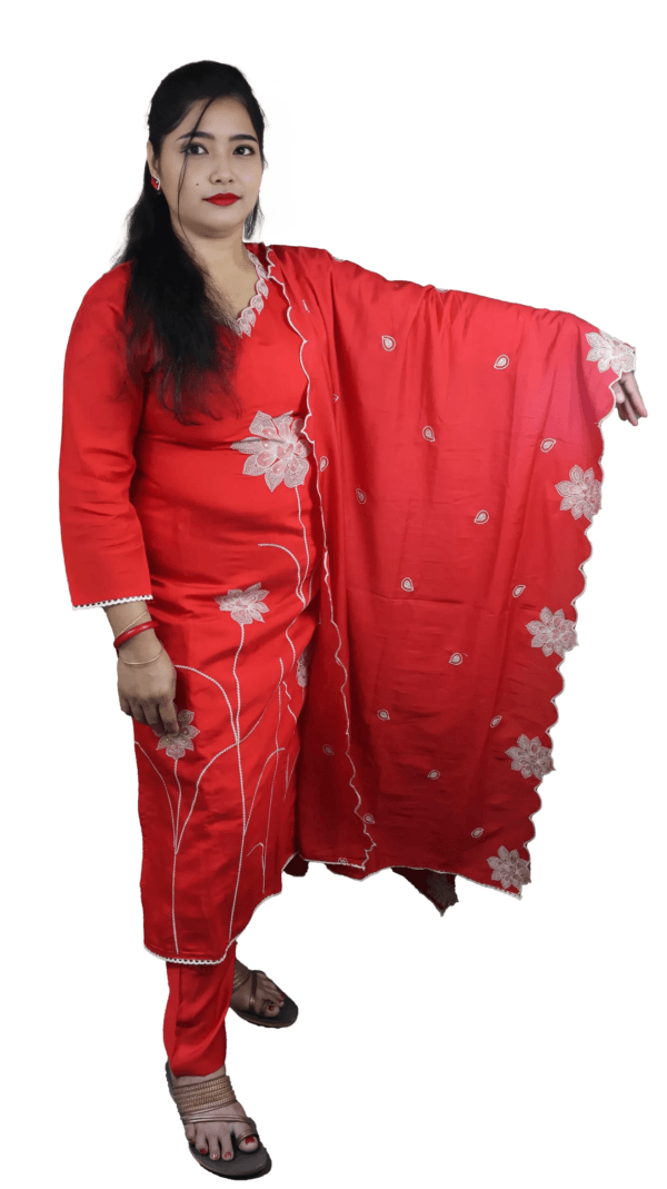 Red and White Engraved Salwar Suit – D.No. 554 - Image 2