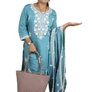 Light Cyan with White Flower Design Engraved Salwar Suit (D.No-305)